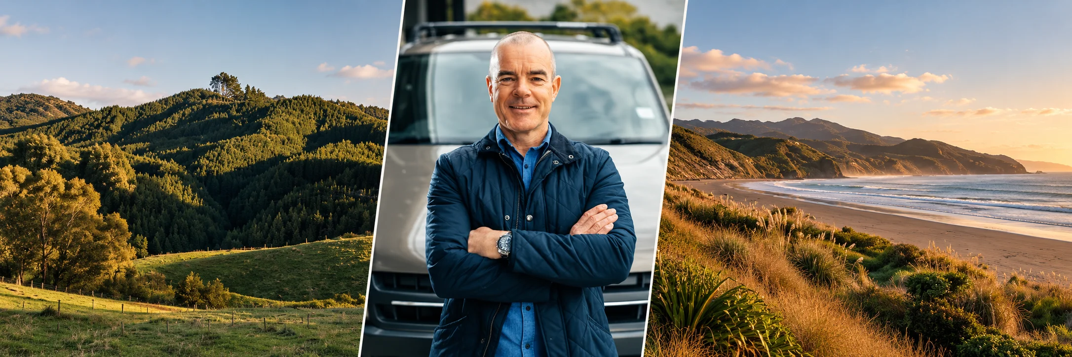 Corey Rix with New Zealand countryside and coastal landscapes
